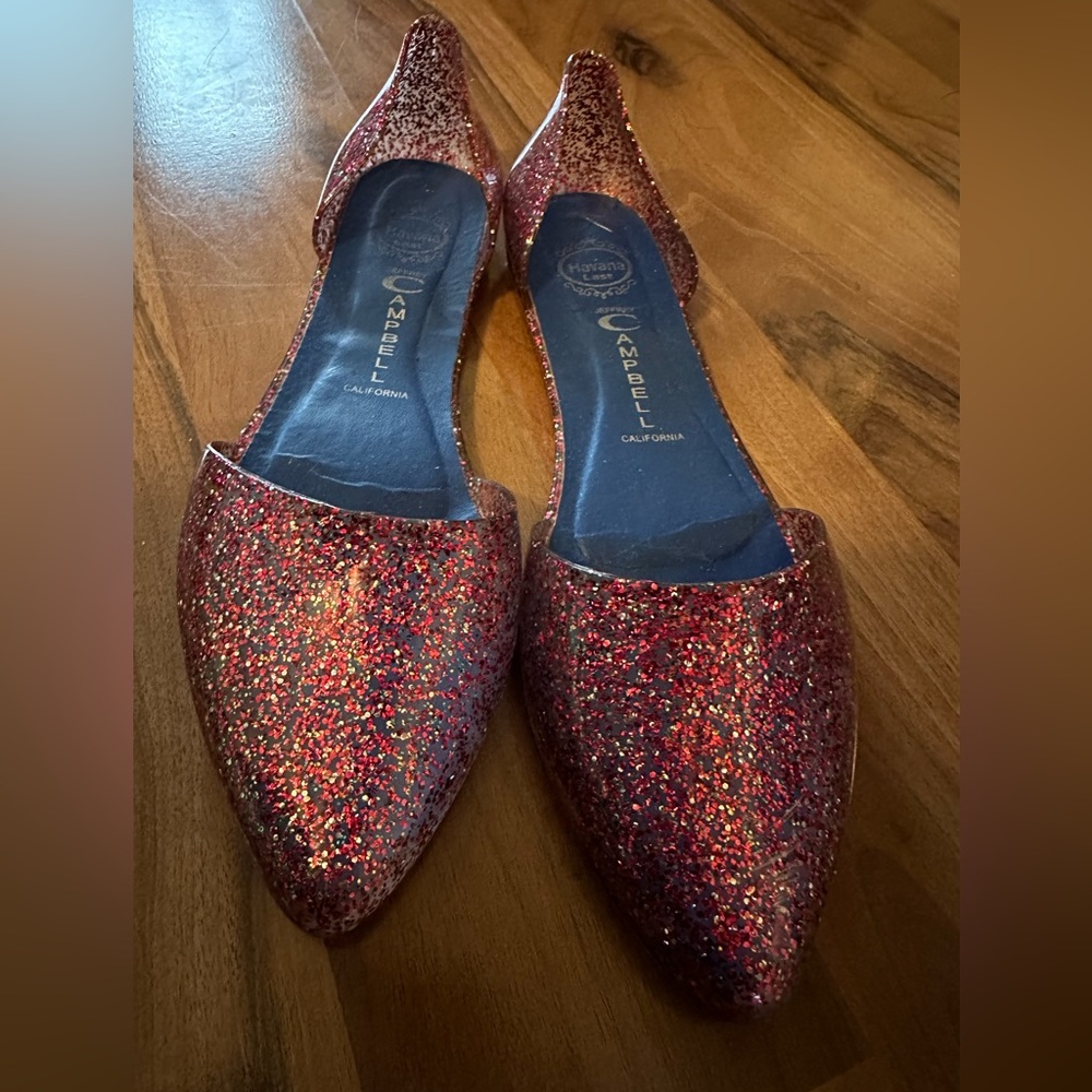 Jeffrey Campbell pink glitter jelly flats
